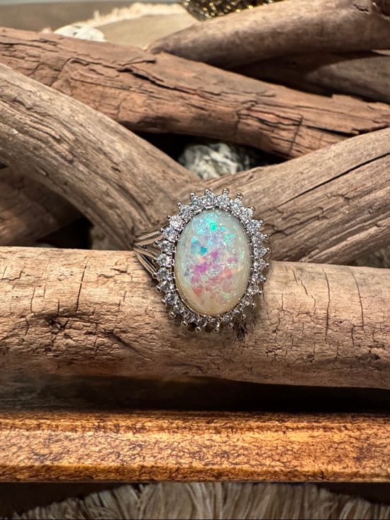 Jewelry - White Opal & Cubic Zirconia Halo Ring sz9